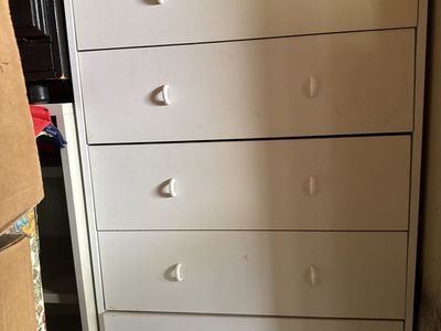 White 5-Drawer Dresser Chest with Dual White Pulls 30 wide 16” deep 46” high