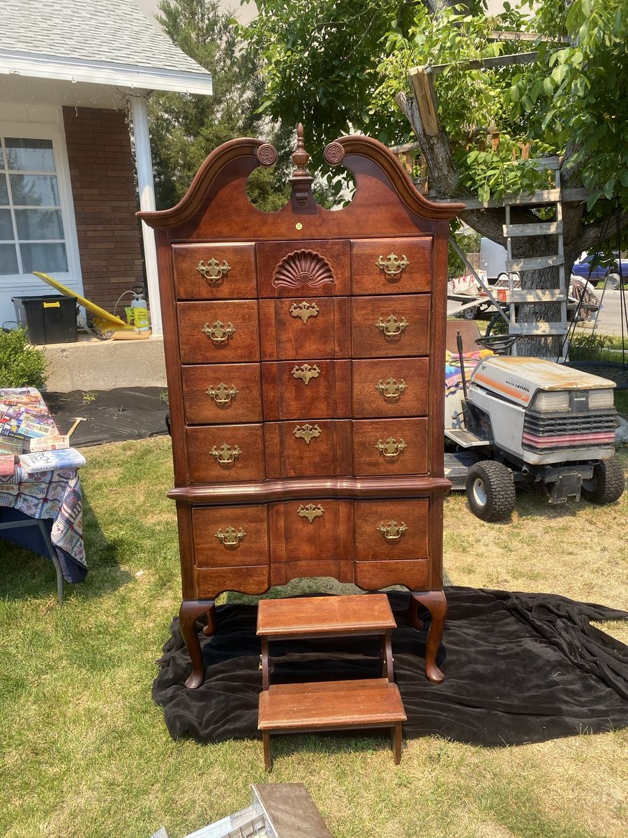Vintage Solid Wood Tall Chest of Drawers with Carved Details & Brass Hardware