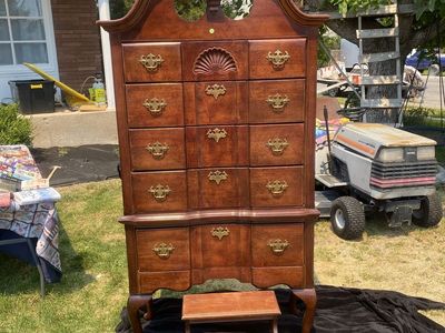 Vintage Solid Wood Tall Chest of Drawers with Carved Details & Brass Hardware