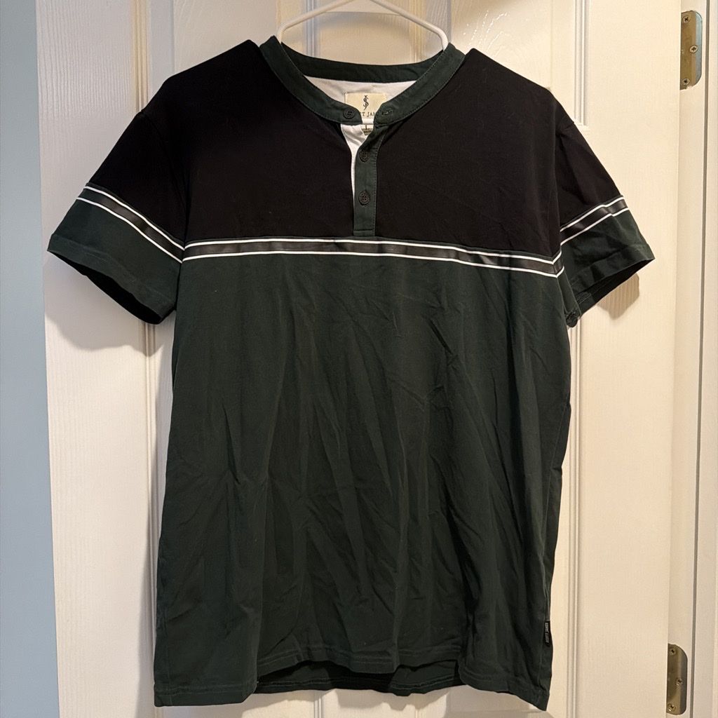 Scott James Men's Black & Green Henley Shirt Size L fits like a medium - England Est. 1964