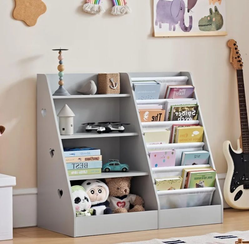 New Assembled LELELINKY Children's Bookshelf with 5 Book Displays and 4 Shelves, Large Grey
