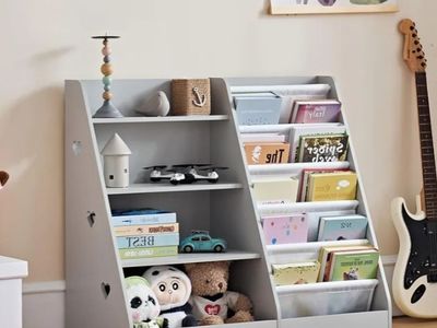 New Assembled LELELINKY Children's Bookshelf with 5 Book Displays and 4 Shelves, Large Grey