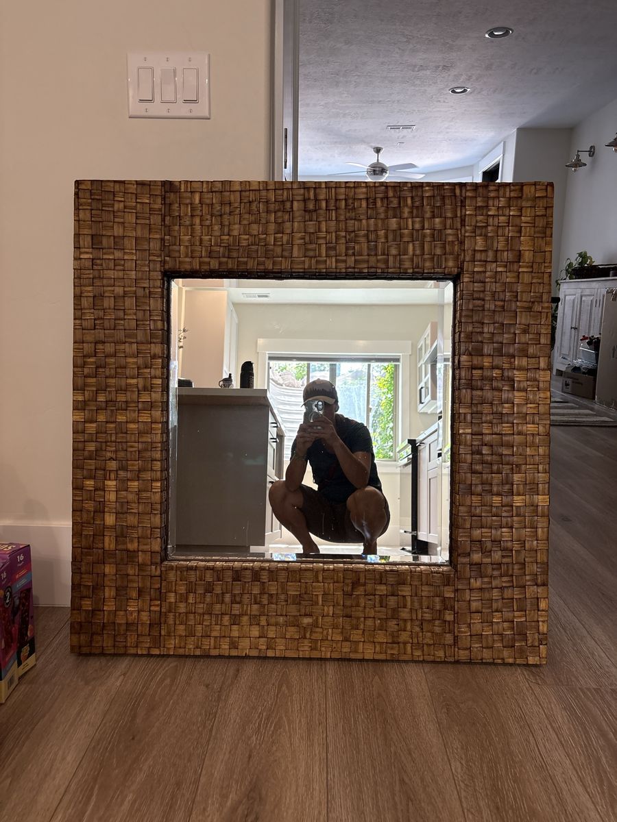 Large Square Woven Rattan Seagrass Framed Wall Mirror