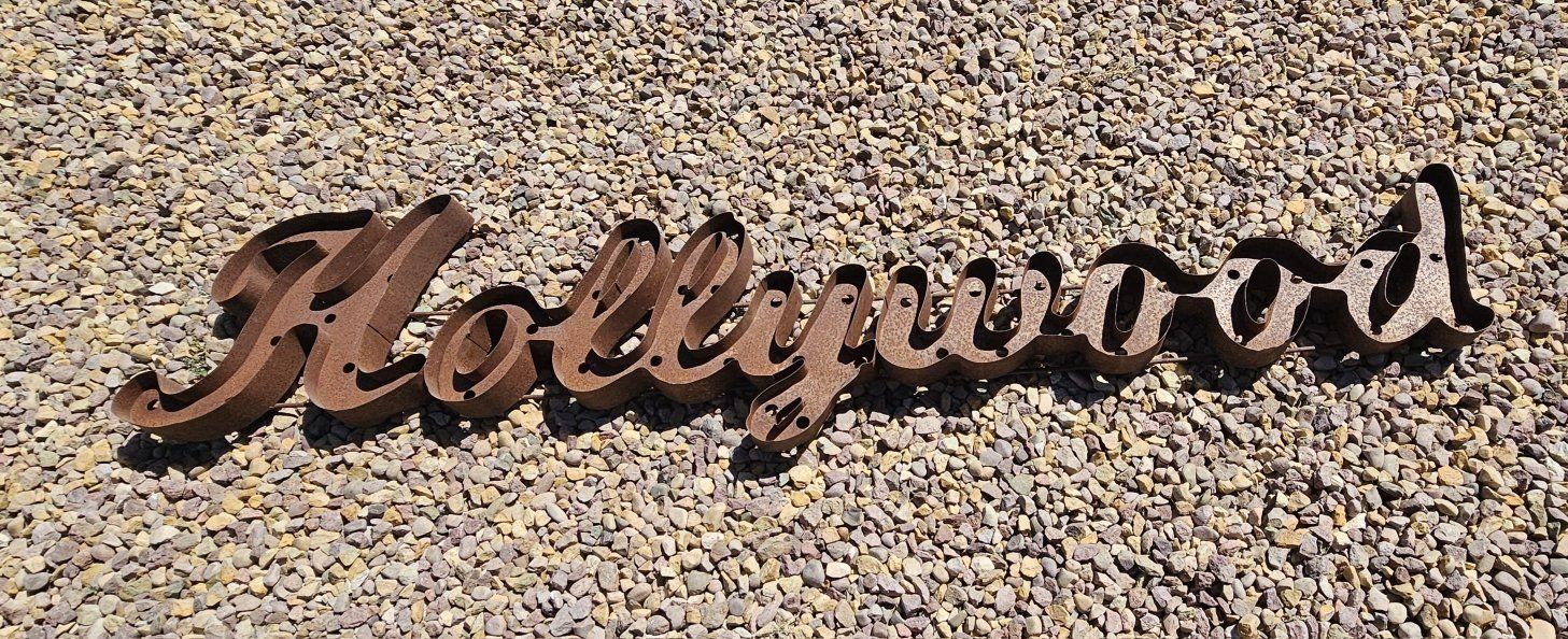 Vintage Metal Hollywood and California Script Signs Set