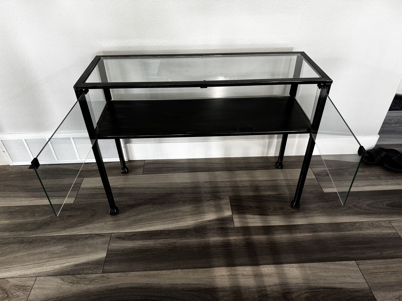 Display Case Black Metal and Glass Side Table Shelf Living Room Bedroom Decor