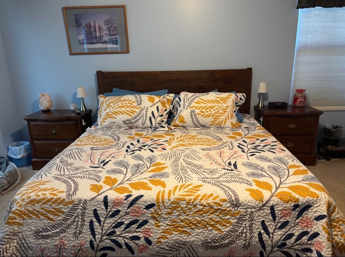 Wooden bed frame and mattress