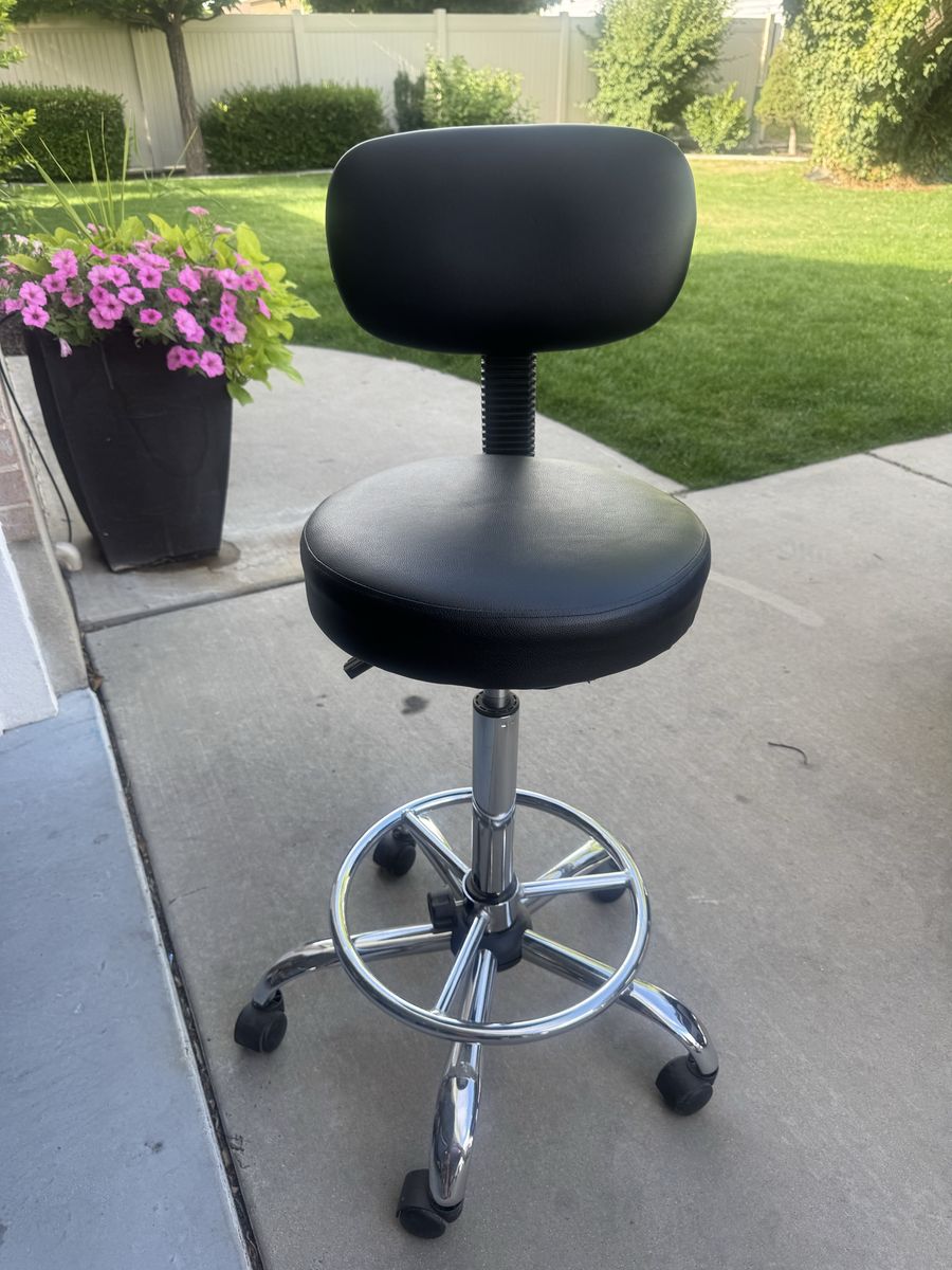 Black Adjustable Rolling Stool with Back Support - Swivel Casters & Chrome Base