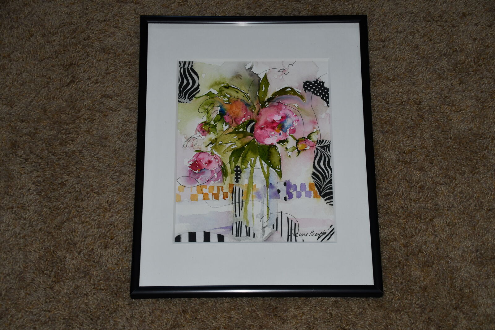 "FLOWERS" WATERCOLOR ~ ARTIST IRENE RAMPTON ~ 11" x 14" FRAMED