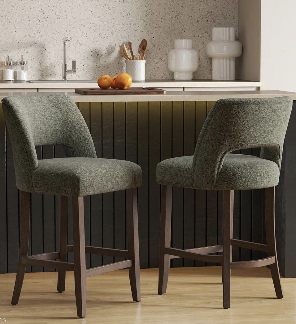 New! Set of 2 Green Upholstered Bar Stools - 26" Seat Height, Rubber Wood Legs, Anti-slip Pads