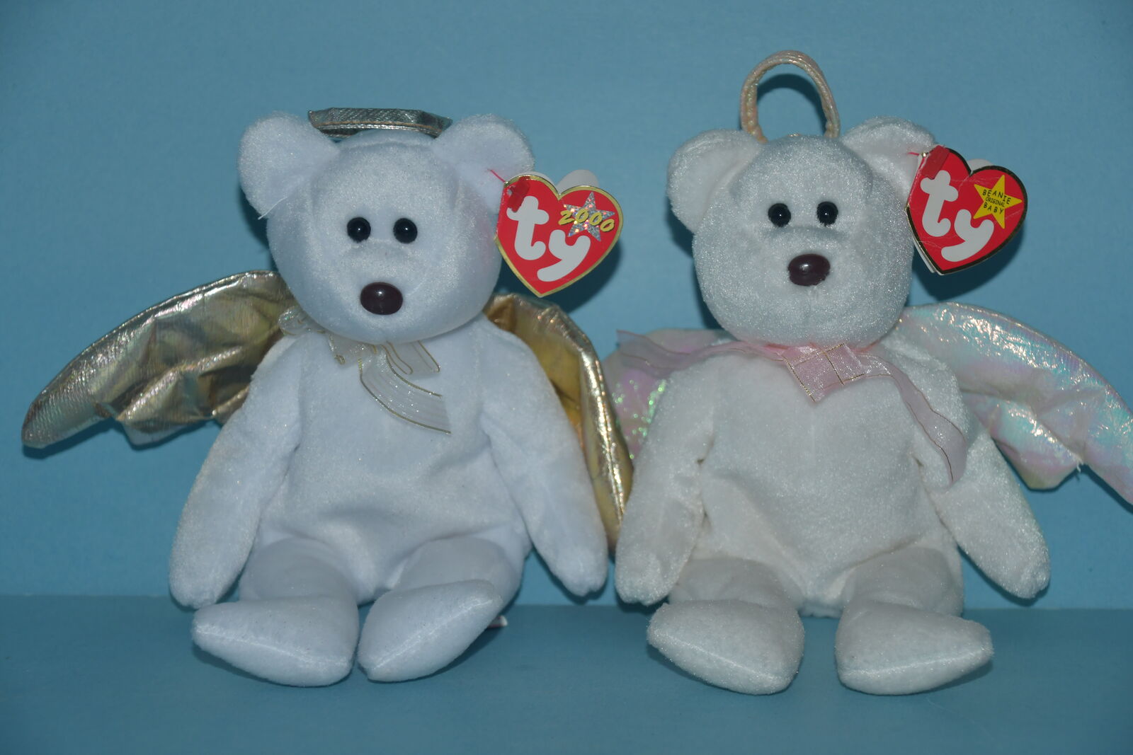 2 VINTAGE TY "HALO  & HALO II" WHITE ANGEL TEDDY BEAR with TAGS ~ 8.5" ~ 1998 & 2000 ~ CLEAN!