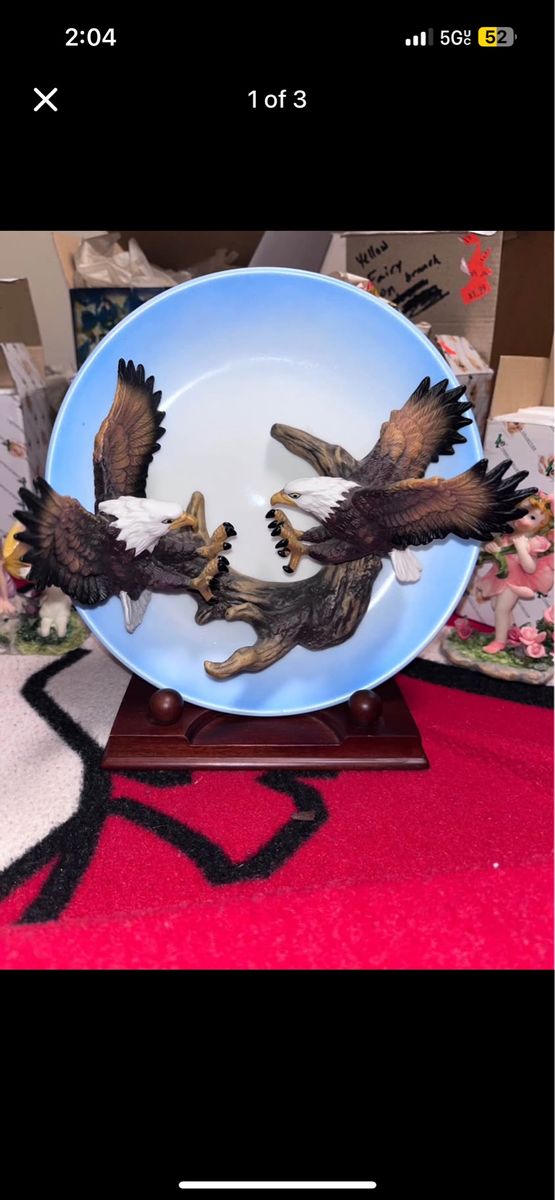 Decorative Eagle Plate with Wooden Stand - Hand-Painted Eagle Figurines