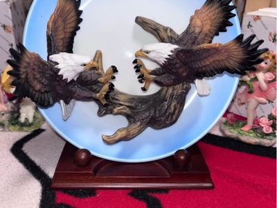 Decorative Eagle Plate with Wooden Stand - Hand-Painted Eagle Figurines