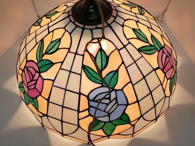 Vintage 19.5 Tiffany Style Glass Lamp Hanging Ceiling Chandelier Pendant