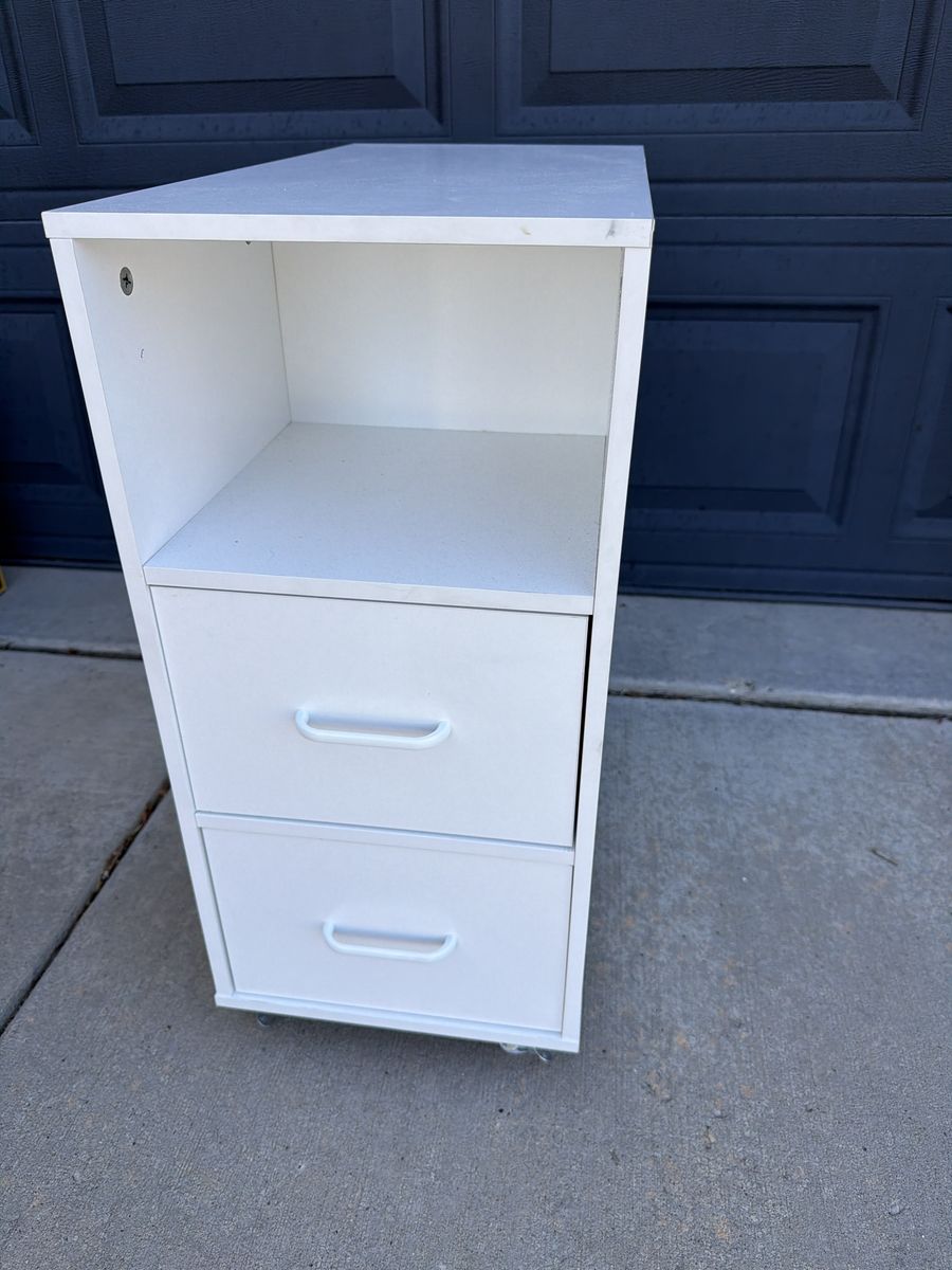 White Rolling Storage Cabinet with Open Shelves and Two Drawers