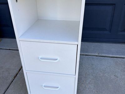 White Rolling Storage Cabinet with Open Shelves and Two Drawers