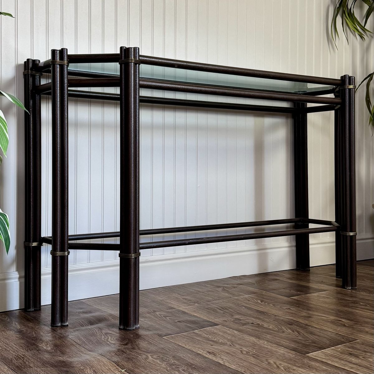 Vintage Hollywood Regency Campaign-Style Bundled Metal Reed Console Table