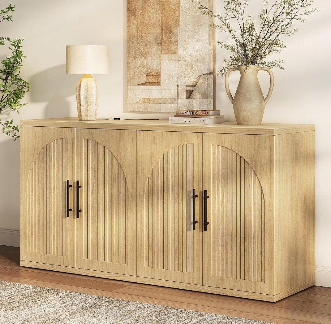 Modern 4-Door Fluted Wood Buffet Credenza Storage Cabinet