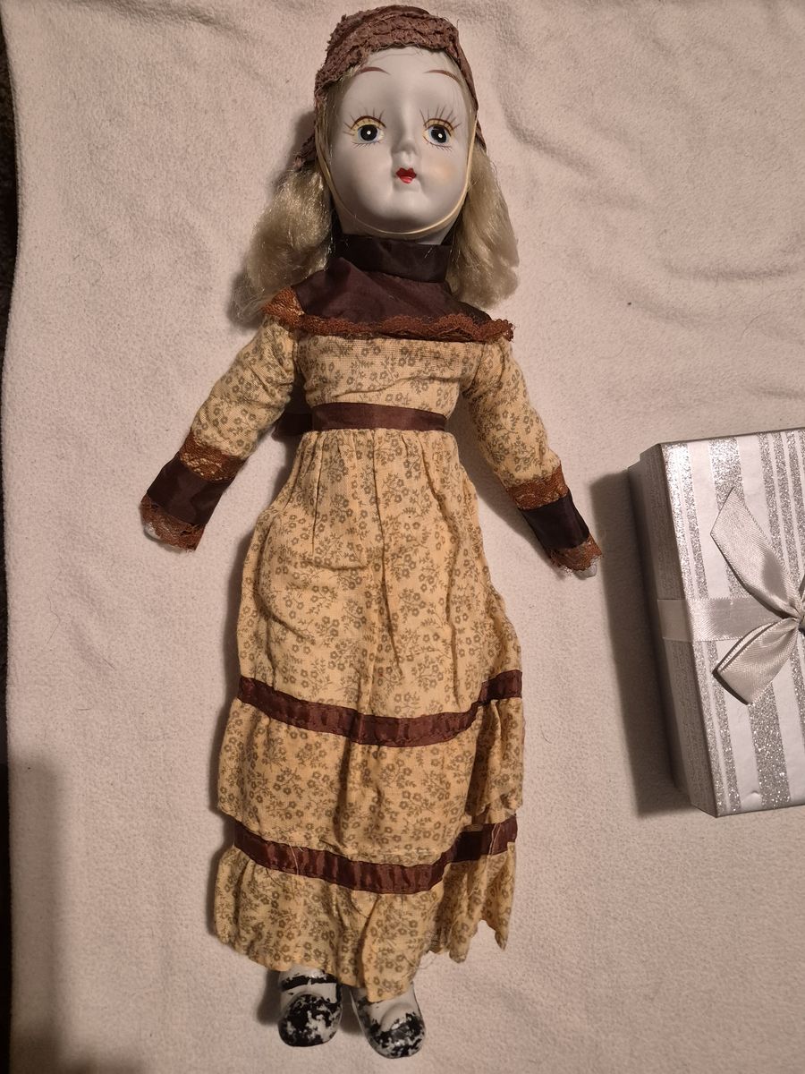 Vintage Porcelain Doll Blonde Hair Blue Eyes Floral Dress Black & White Shoes