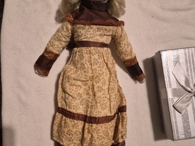 Vintage Porcelain Doll Blonde Hair Blue Eyes Floral Dress Black & White Shoes