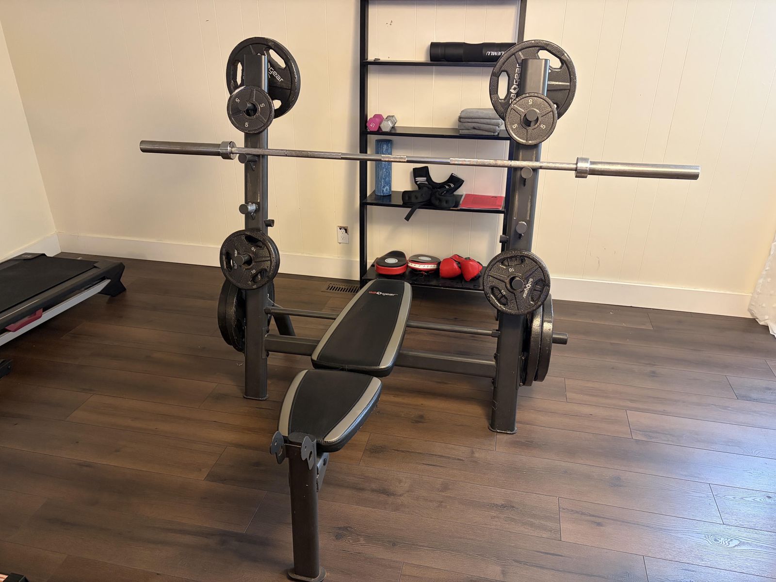Olympic weights, bench, rack and bar set