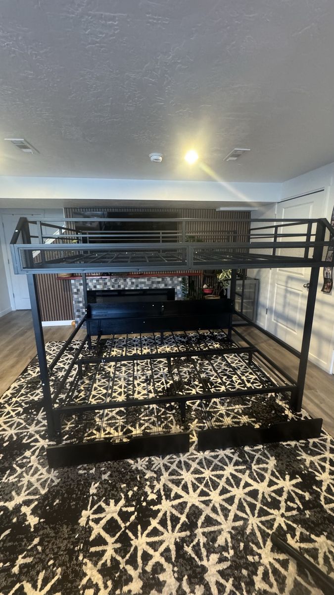 Queen Over Queen Storage Bunk Bed with Shelves and Drawers, Metal Bunk Beds with LED and USB Ports, Lower Bunkbed Can