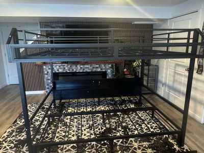 Queen Over Queen Storage Bunk Bed with Shelves and Drawers, Metal Bunk Beds with LED and USB Ports, Lower Bunkbed Can