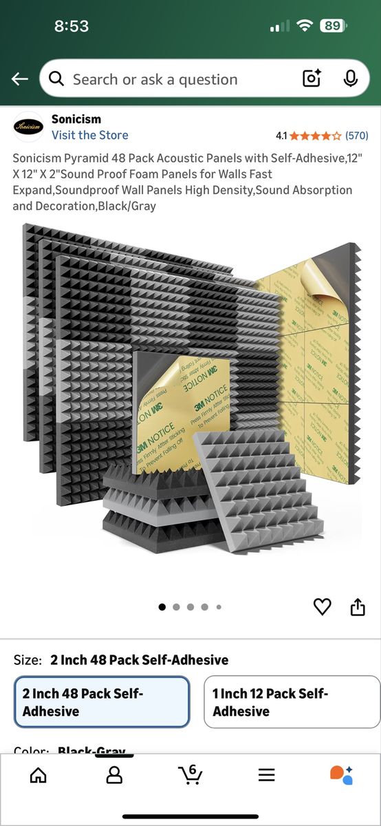 48-Pack Acoustic Panels, 2" Thick, 12"x12" Self-Adhesive Soundproof Foam, Black/Gray