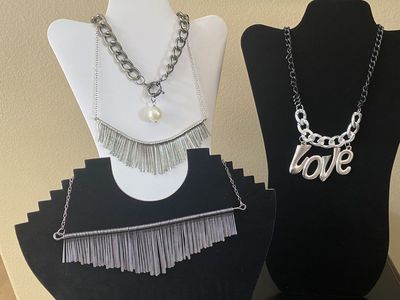 NEW! Necklaces - "Love" Pendant, Fringe, Pearl Accents - Silver/Gun Metal/Black Tones - $10-$16 C PIX