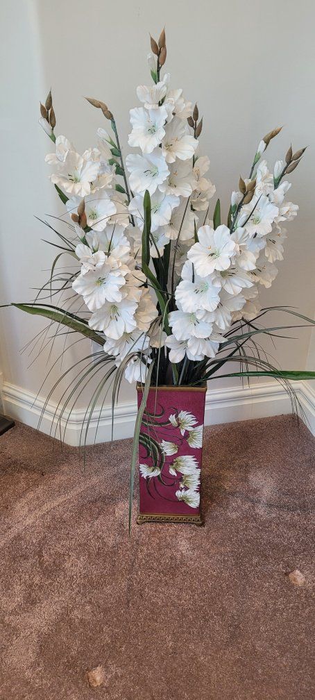 Decorative Floor Vase with White Gladiolus Artificial Flower Arrangement