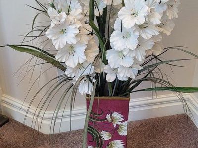 Decorative Floor Vase with White Gladiolus Artificial Flower Arrangement