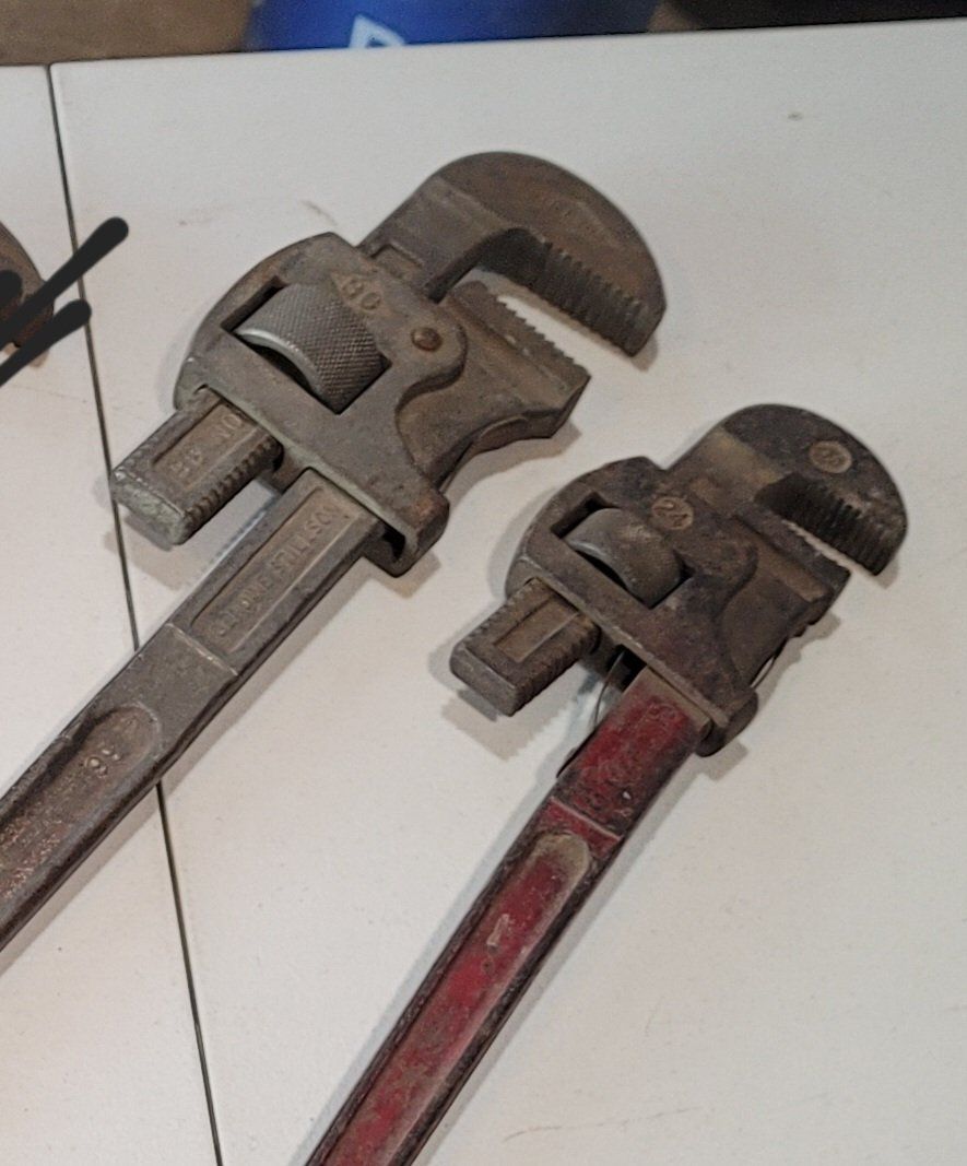 Two Large Vintage Stillson Steel Plumbing Pipe Wrenches, 24 and 36 Inch Handles