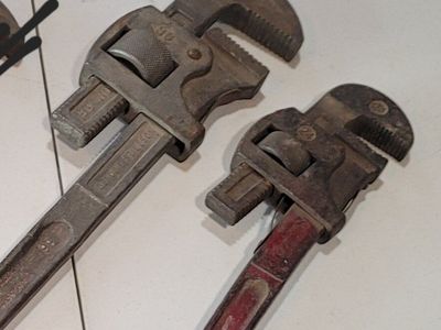 Two Large Vintage Stillson Steel Plumbing Pipe Wrenches, 24 and 36 Inch Handles
