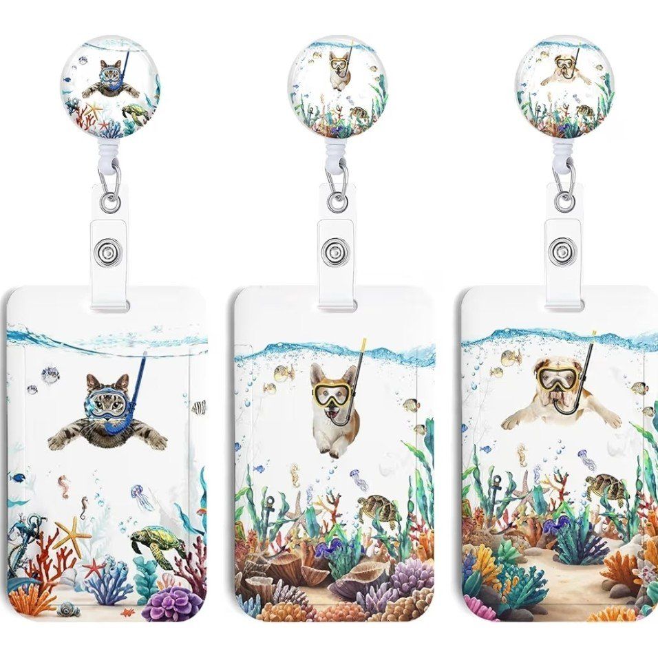 3 Set Diving Cat and Dog ID Badge Holder with Clip