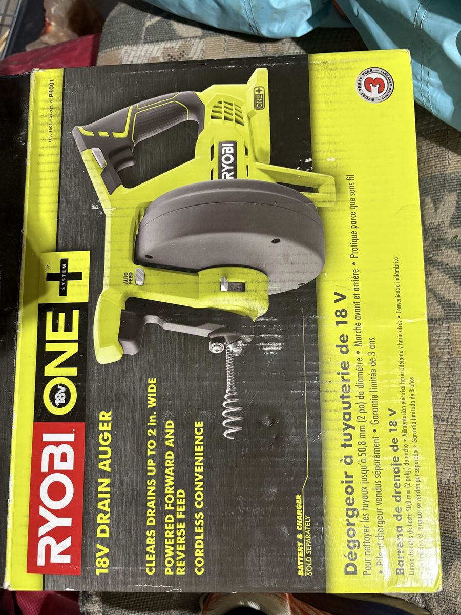 RYOBI ONE+ 18V P4001 Drain Auger - Cordless, Auto-Feed, Clears up to 2" Drains, Battery Included