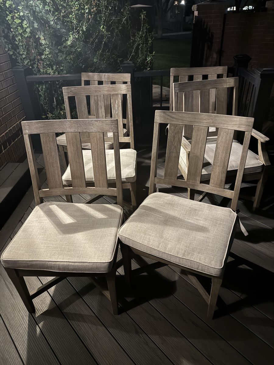 Patio Dining Set: 2 Wooden Tables & 6+ Chairs with Cushions - Weathered Finish