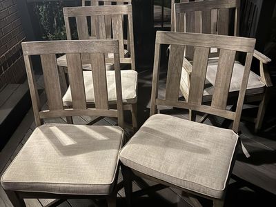 Patio Dining Set: 2 Wooden Tables & 6+ Chairs with Cushions - Weathered Finish