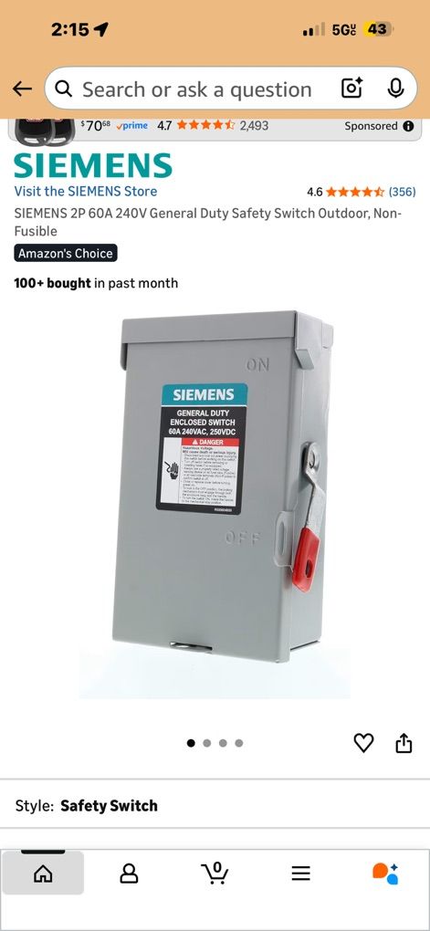 SIEMENS 2P 60A 240V General Duty Safety Switch