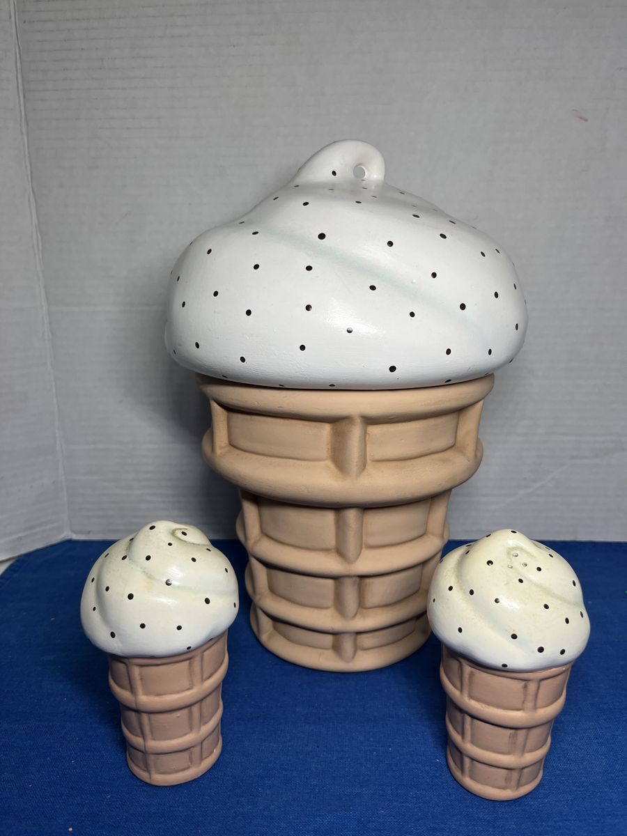 Vintage Ice Cream Cone Ceramic Cookie Jar W/ Salt N Pepper Shaker Hand Painted