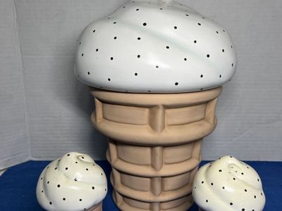 Vintage Ice Cream Cone Ceramic Cookie Jar W/ Salt N Pepper Shaker Hand Painted