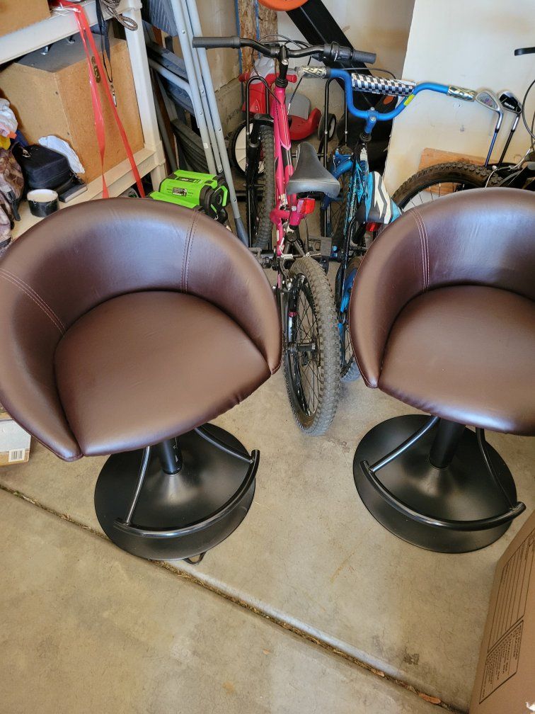 Pair of Brown Faux Leather Swivel Bar Stools with Black Metal Base & Footrest