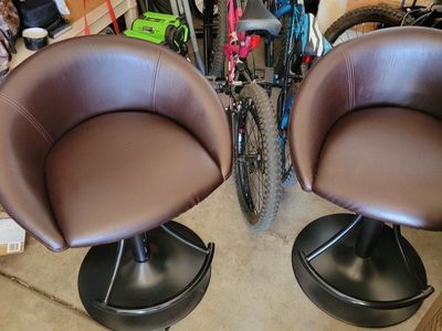 Pair of Brown Faux Leather Swivel Bar Stools with Black Metal Base & Footrest