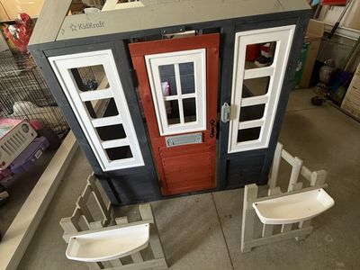 KidKraft Riverscape Playhouse - Navy Blue Wooden Outdoor Play House with Planters
