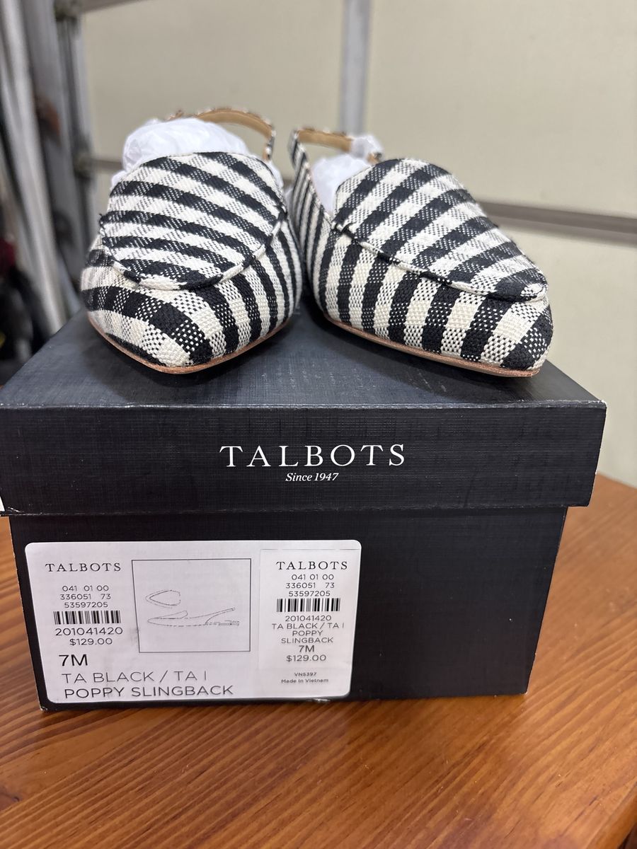 Talbots Poppy Slingback Flats - Black & White Stripe, Size 7M - New with Box