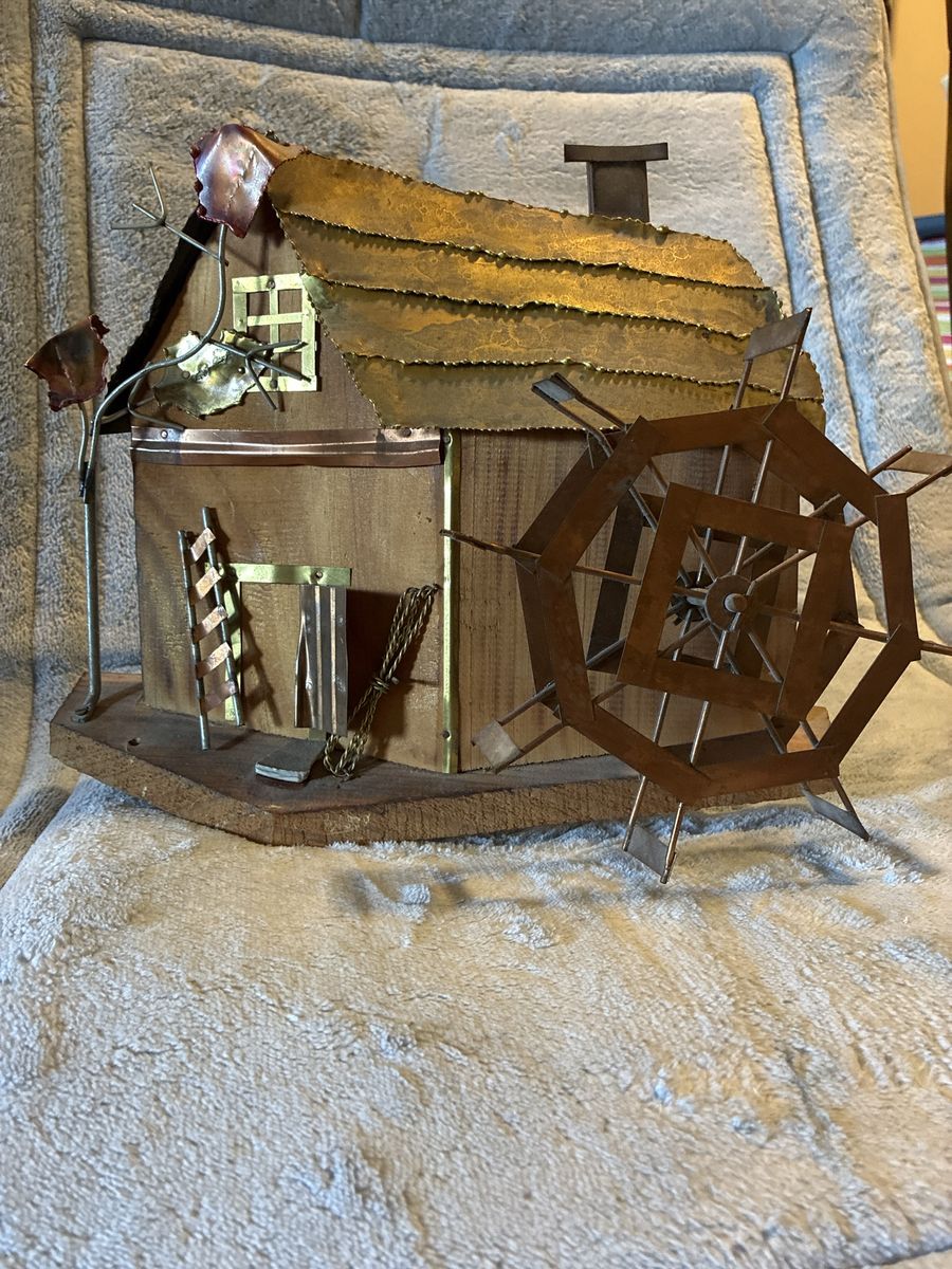 Vintage Handcrafted Wooden Water Mill Sculpture with Copper and Metal Accents- music box