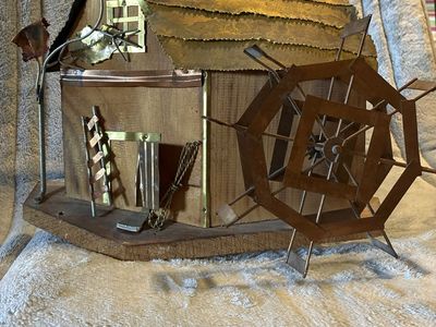 Vintage Handcrafted Wooden Water Mill Sculpture with Copper and Metal Accents- music box