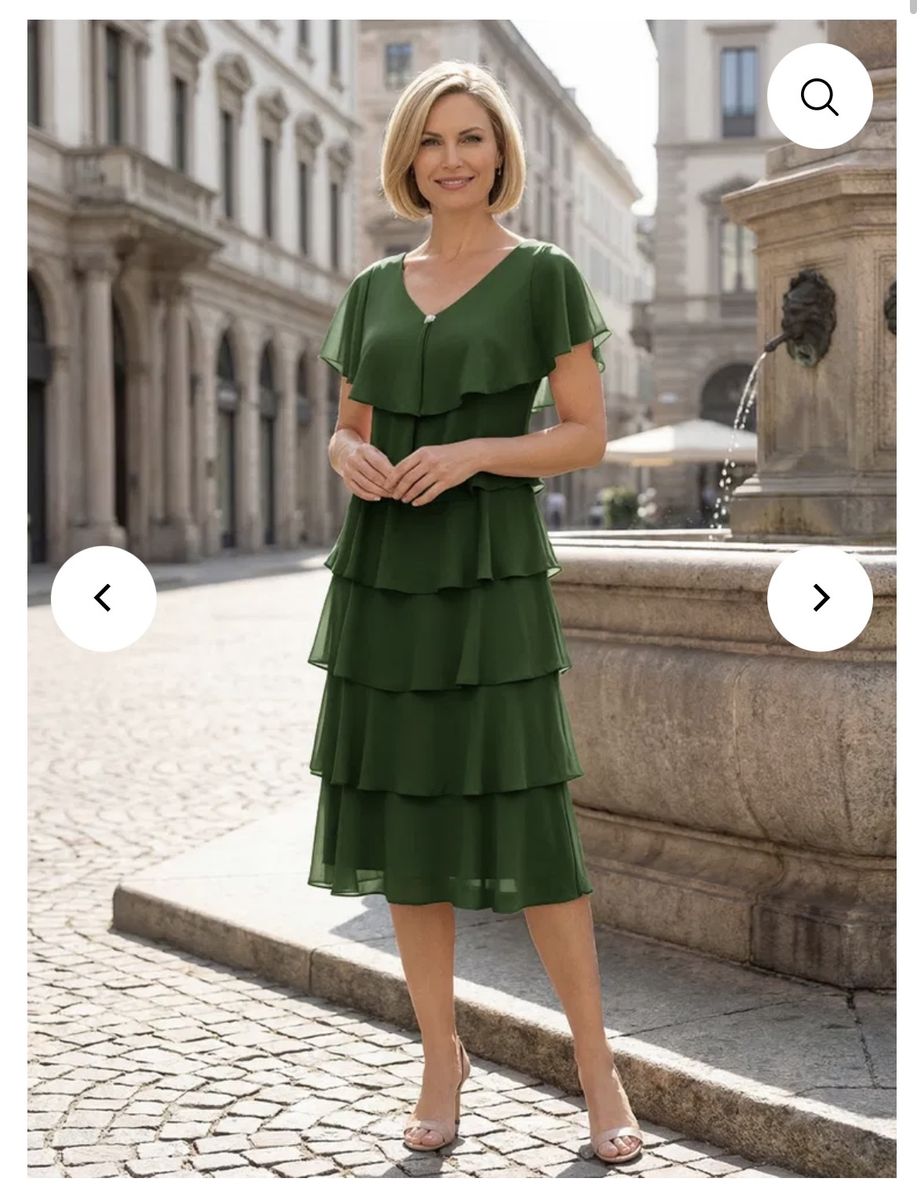 Gracins Chiffon A-Line V Neck Tiered Dress olive green size 6