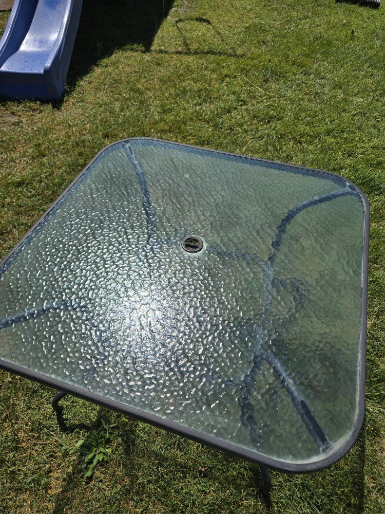 Patio Table and Umbrella Set Glass Top Table with Tropical Leaf Canopy
