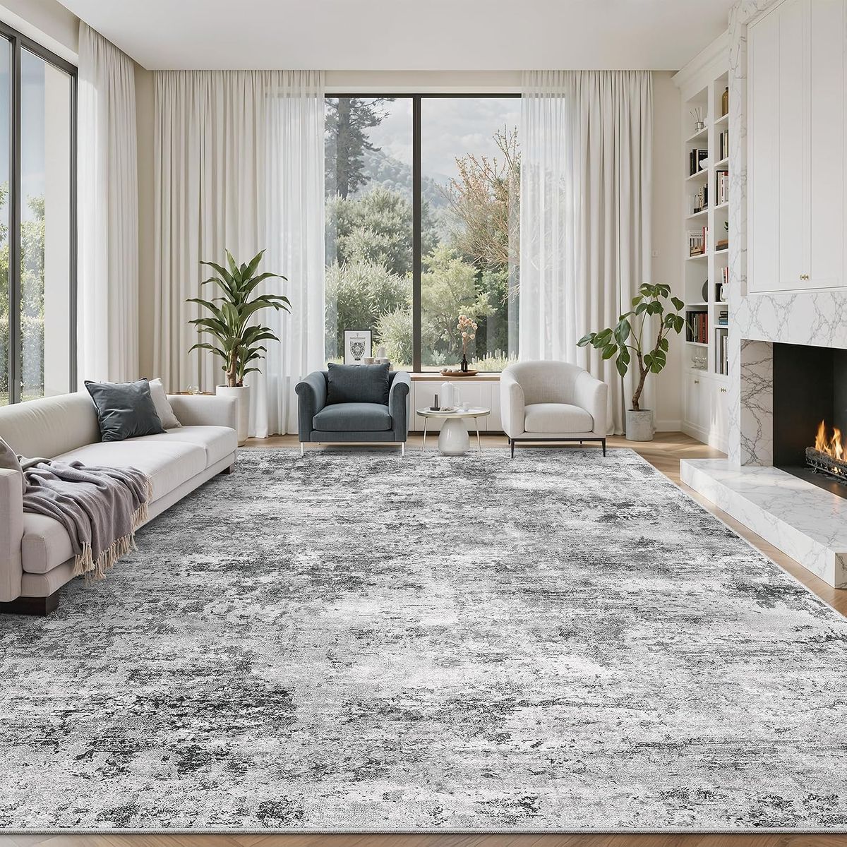 NEW Modern Abstract 8x10 Area Rug - Dark Gray & White Distressed abstract Modern