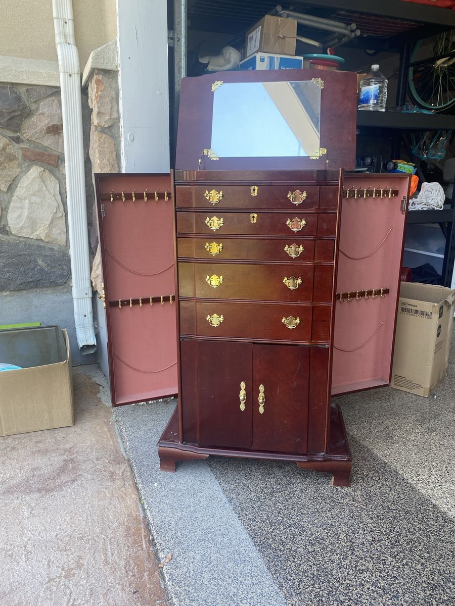 Cherrywood Jewelry Armoire with Mirror, Drawers, and Side Storage