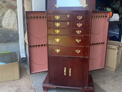 Cherrywood Jewelry Armoire with Mirror, Drawers, and Side Storage